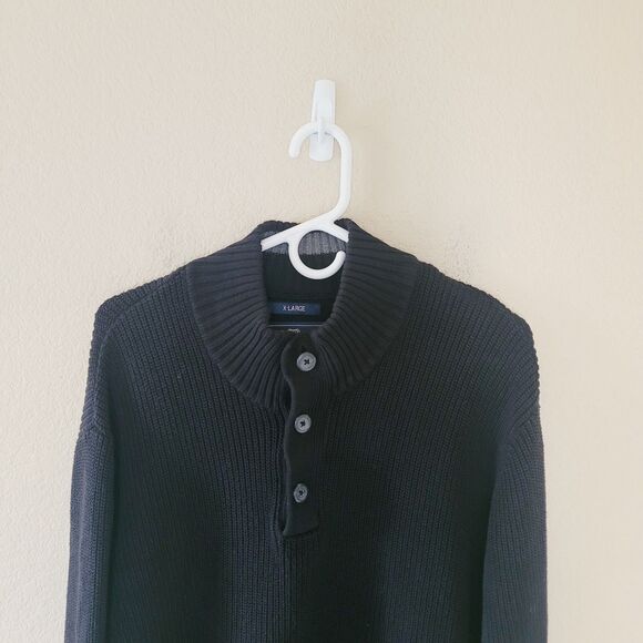 American Rag Mens Henley Black Sweater XL Fisherman Ribbed Chunky 100% Cotton - Picture 2 of 8